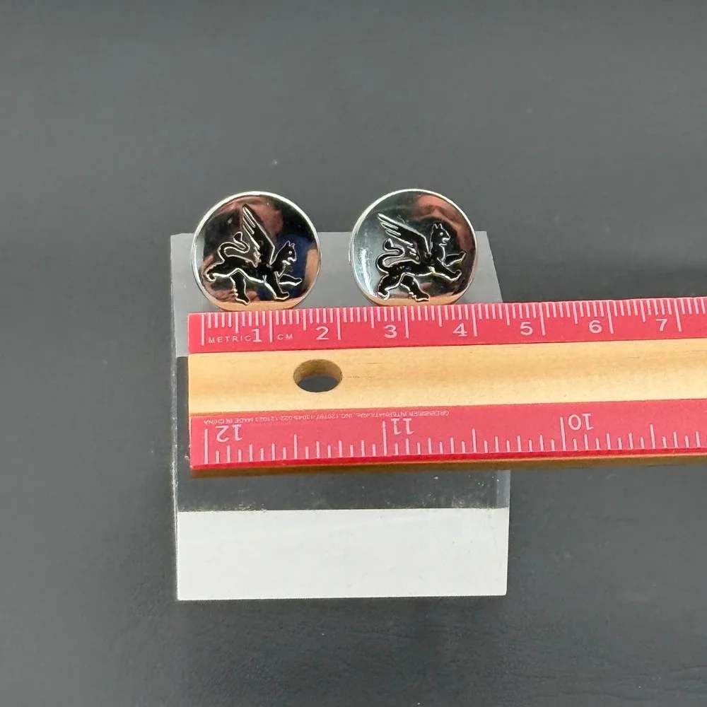Silver Tone Griffin Winged Lion Round Cufflinks Heraldic Mythological Mens